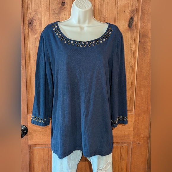 JM Collection Tops - JM Collection Navy Top‎ with Gold Eyelet Accents